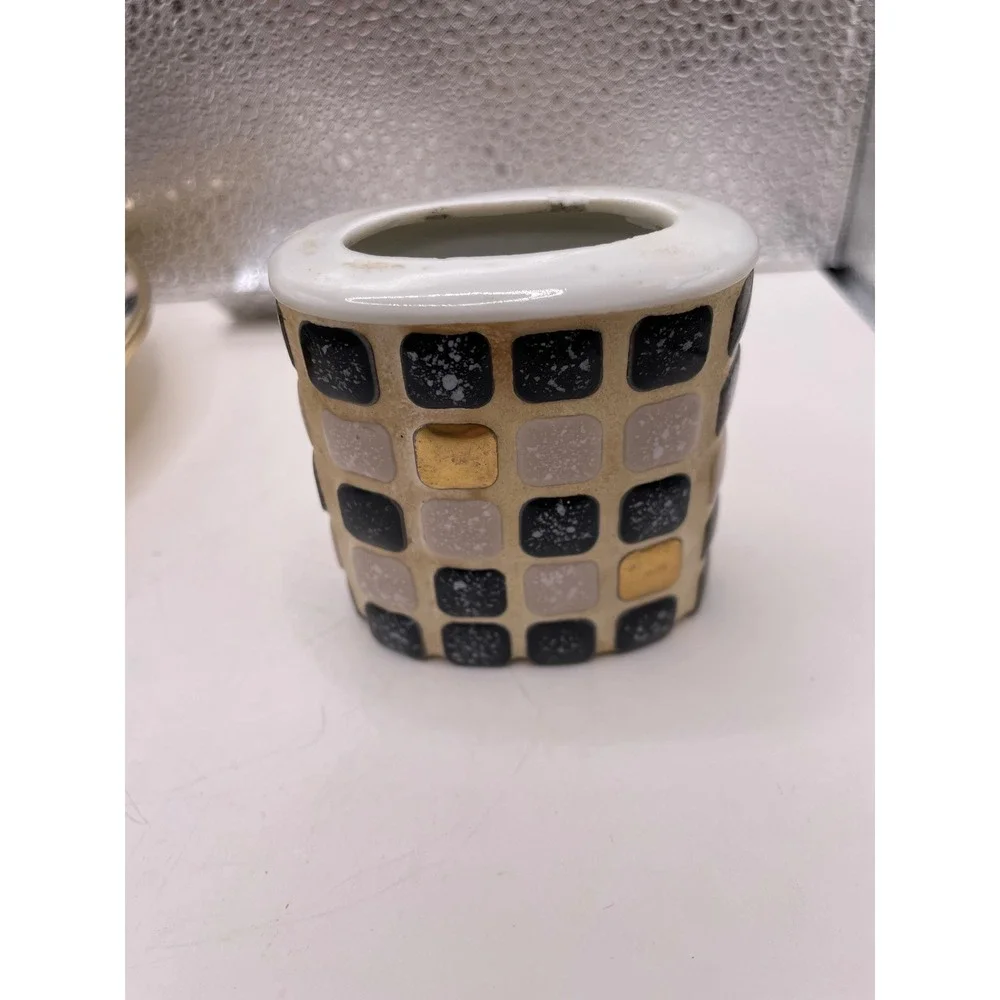 Vtg Mid Century Penguin Japan Mosaic Lighter and Ashtray Set Black‎ White Gold